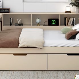 Wood Full Size Platform Bed with Storage Shelves, Drawers, Charging Station and Upholstered Headboard 17 Wood Full Size Platform Bed with Storage Shelves, Drawers, Charging Station and Upholstered Headboard