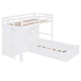Twin Bunk Bed with Drawers, Wardrobe, Storage Shelves and Hydraulic Bed