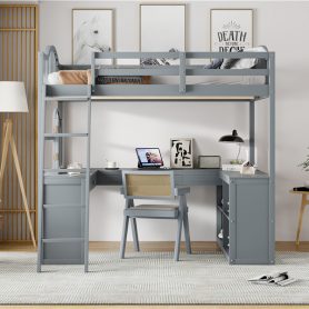 Wooden Full Size Loft Bed with U-shaped Desk, Storage Compartments and Tri-fold Mirror