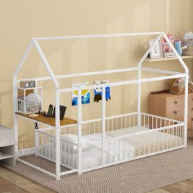 Twin Size Metal Bed House Bed Frame with Desk, Shelves, Power Outlets and USB Ports