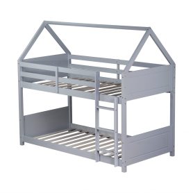 Twin Over Twin House Floor Bunk Bed with Headboards, Footboards and Guardrails, Ladder