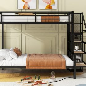 Twin over Full Size Metal Bunk Bed with Storage Staircase and Open Wardrobe