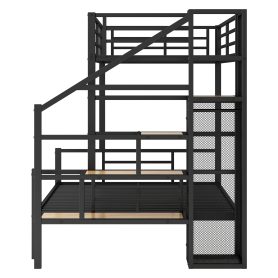 Twin over Full Size Metal Bunk Bed with Storage Staircase and Open Wardrobe