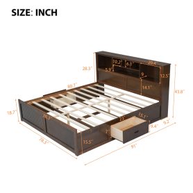 King Size Wood Platform Bed with Multi-storage Headboard, USB and Drawers