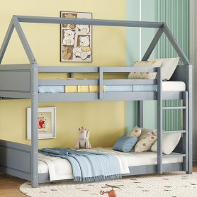 Twin Over Twin House Floor Bunk Bed with Headboards, Footboards and Guardrails, Ladder