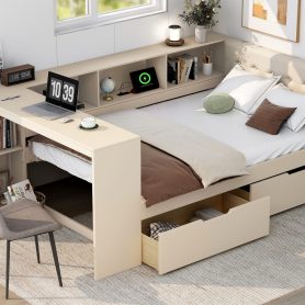 Wood Full Size Platform Bed with Storage Shelves, Drawers, Charging Station and Upholstered Headboard 18 Wood Full Size Platform Bed with Storage Shelves, Drawers, Charging Station and Upholstered Headboard
