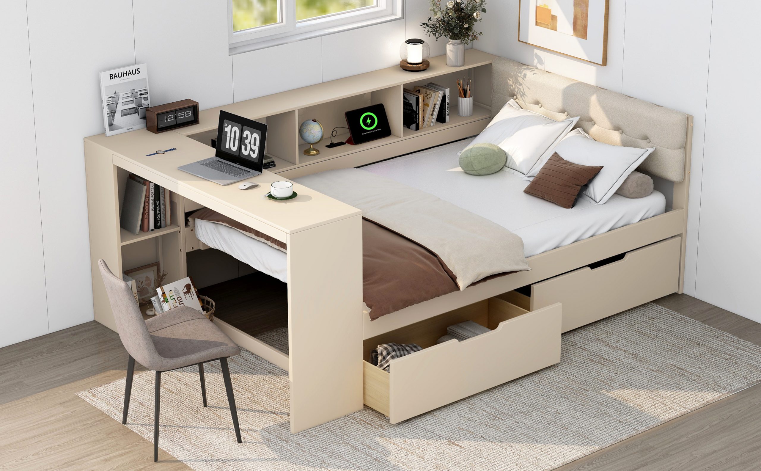 Wood Full Size Platform Bed with Storage Shelves, Drawers, Charging Station and Upholstered Headboard 7 Wood Full Size Platform Bed with Storage Shelves, Drawers, Charging Station and Upholstered Headboard