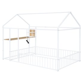 Full Size Metal Bed House Bed Frame with Desk, Shelves, Power Outlets and USB Ports