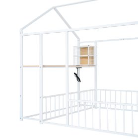 Full Size Metal Bed House Bed Frame with Desk, Shelves, Power Outlets and USB Ports