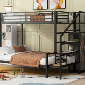 Twin over Full Size Metal Bunk Bed with Storage Staircase and Open Wardrobe