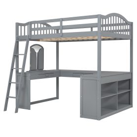 Wooden Full Size Loft Bed with U-shaped Desk, Storage Compartments and Tri-fold Mirror