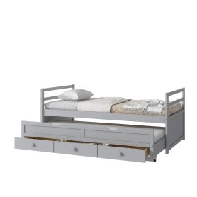 Twin Size Wooden Bed with Headboard, Footboard, Trundle and Three Storage Drawers