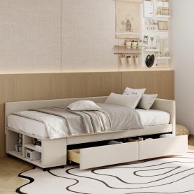 Twin Size L-Shaped Upholstered Platform Bed With Storage And Drawers
