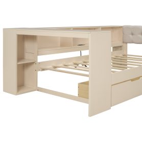 Wood Twin Size Platform Bed with Storage Shelves, Drawers, Charging Station and Upholstered Headboard