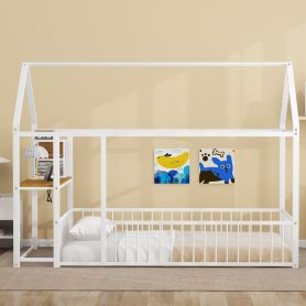 Twin Size Metal Bed House Bed Frame with Desk, Shelves, Power Outlets and USB Ports