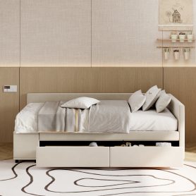 Twin Size L-Shaped Upholstered Platform Bed With Storage And Drawers