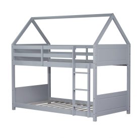 Twin Over Twin House Floor Bunk Bed with Headboards, Footboards and Guardrails, Ladder