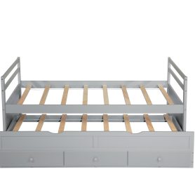 Twin Size Wooden Bed with Headboard, Footboard, Trundle and Three Storage Drawers