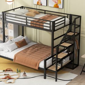 Twin over Full Size Metal Bunk Bed with Storage Staircase and Open Wardrobe