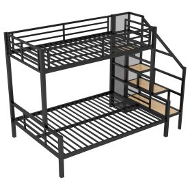 Twin over Full Size Metal Bunk Bed with Storage Staircase and Open Wardrobe