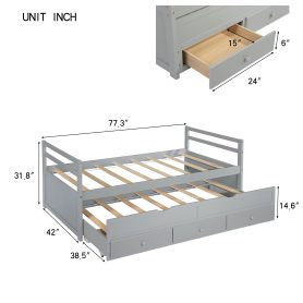 Twin Size Wooden Bed with Headboard, Footboard, Trundle and Three Storage Drawers