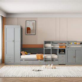 Twin Wooden Bunk Bed with Trundle, Cabinet, Wardrobe, Desk and Drawers