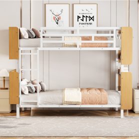 Twin Over Twin Size Metal Bunk Bed with Ladder and Full-Length Guardrail, Storage Space