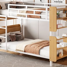 Twin Over Twin Size Metal Bunk Bed with Ladder and Full-Length Guardrail, Storage Space