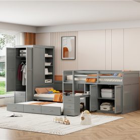 Twin Wooden Bunk Bed with Trundle, Cabinet, Wardrobe, Desk and Drawers