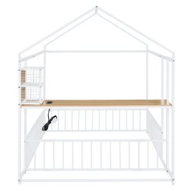 Full Size Metal Bed House Bed Frame with Desk, Shelves, Power Outlets and USB Ports