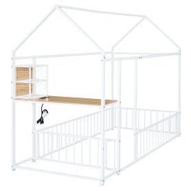 Twin Size Metal Bed House Bed Frame with Desk, Shelves, Power Outlets and USB Ports