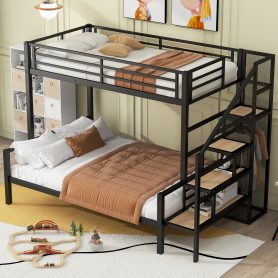Twin over Full Size Metal Bunk Bed with Storage Staircase and Open Wardrobe