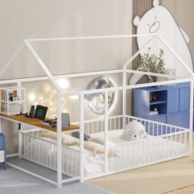 Full Size Metal Bed House Bed Frame with Desk, Shelves, Power Outlets and USB Ports