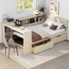 Wood Full Size Platform Bed with Storage Shelves, Drawers, Charging Station and Upholstered Headboard