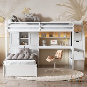 Twin Over Twin Loft Bed With Built-in Desk, Staircase, Storage Compartments And Shelves