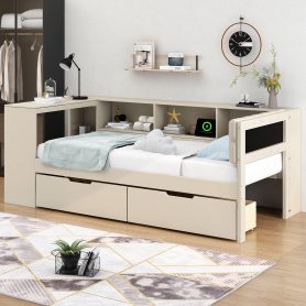 Wood Twin Size Platform Bed with Storage Shelves, Drawers, Charging Station and Upholstered Headboard