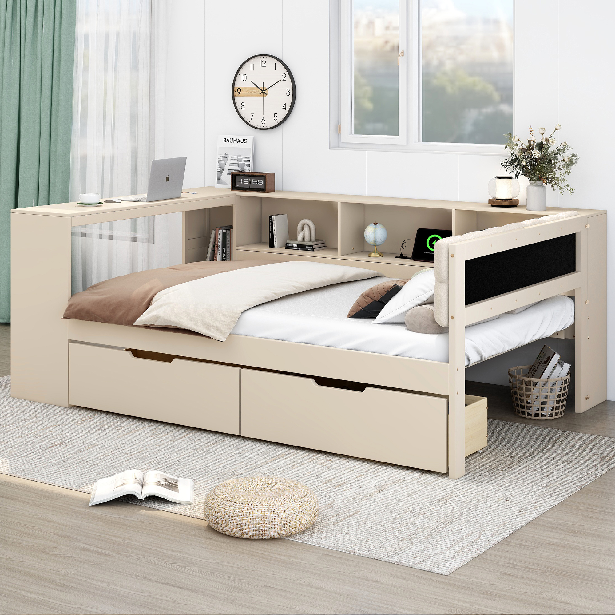 Wood Full Size Platform Bed with Storage Shelves, Drawers, Charging Station and Upholstered Headboard 5 Wood Full Size Platform Bed with Storage Shelves, Drawers, Charging Station and Upholstered Headboard