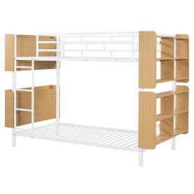 Twin Over Twin Size Metal Bunk Bed with Ladder and Full-Length Guardrail, Storage Space
