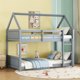 Twin Over Twin House Floor Bunk Bed with Headboards, Footboards and Guardrails, Ladder