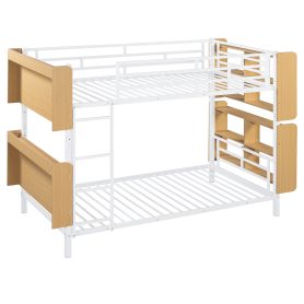 Twin Over Twin Size Metal Bunk Bed with Ladder and Full-Length Guardrail, Storage Space