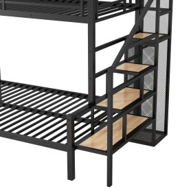 Twin over Full Size Metal Bunk Bed with Storage Staircase and Open Wardrobe
