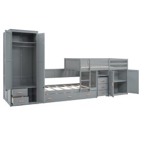 Twin Wooden Bunk Bed with Trundle, Cabinet, Wardrobe, Desk and Drawers