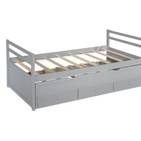 Twin Size Wooden Bed with Headboard, Footboard, Trundle and Three Storage Drawers