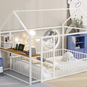 Full Size Metal Bed House Bed Frame with Desk, Shelves, Power Outlets and USB Ports