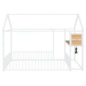 Full Size Metal Bed House Bed Frame with Desk, Shelves, Power Outlets and USB Ports