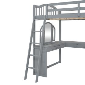 Wooden Full Size Loft Bed with U-shaped Desk, Storage Compartments and Tri-fold Mirror