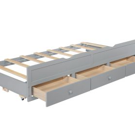 Twin Size Wooden Bed with Headboard, Footboard, Trundle and Three Storage Drawers