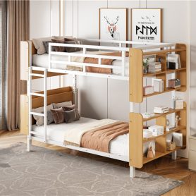 Twin Over Twin Size Metal Bunk Bed with Ladder and Full-Length Guardrail, Storage Space