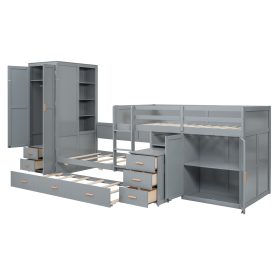 Twin Wooden Bunk Bed with Trundle, Cabinet, Wardrobe, Desk and Drawers