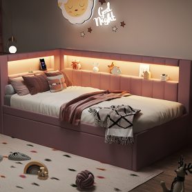Upholstered TwIn Size platform bed with USB Ports and LED belt, With Trundle